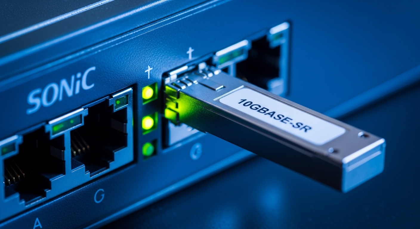 Macro photography of a SONiC switch front panel port with an inserted SFP+ transceiver; the transceiver label is in sharp foc