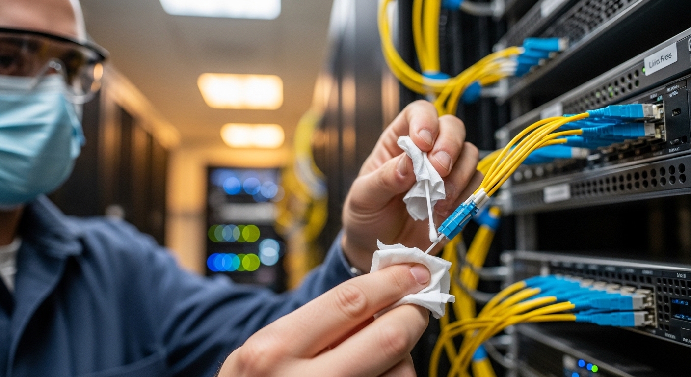 Lifestyle-style photo, engineer in a server room wearing PPE gently cleaning MPO connectors with a lint-free wipe and alcohol