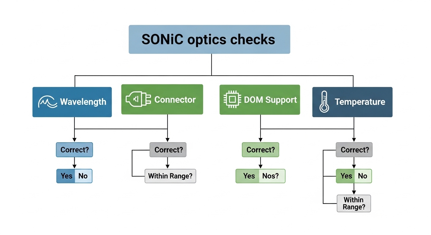 Clean vector illustration showing a decision tree labeled “SONiC optics checks” with nodes for wavelength, connector, DOM sup