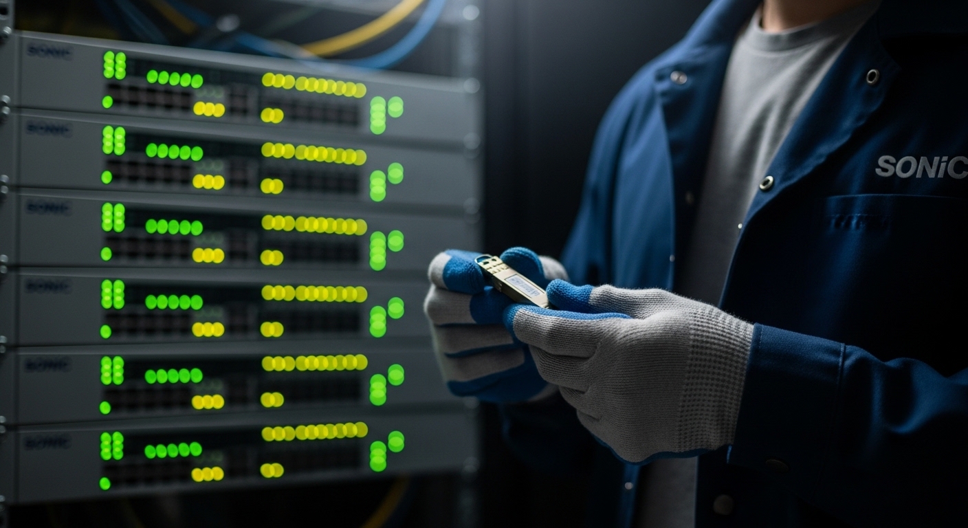 Lifestyle scene in a server room at night; an engineer wearing ESD-safe gloves holds a QSFP28 transceiver near a lit rack wit