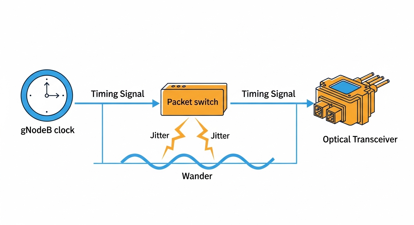 Clean-room style illustration showing a timing signal flow diagram from a gNodeB clock to a packet switch to an optical trans