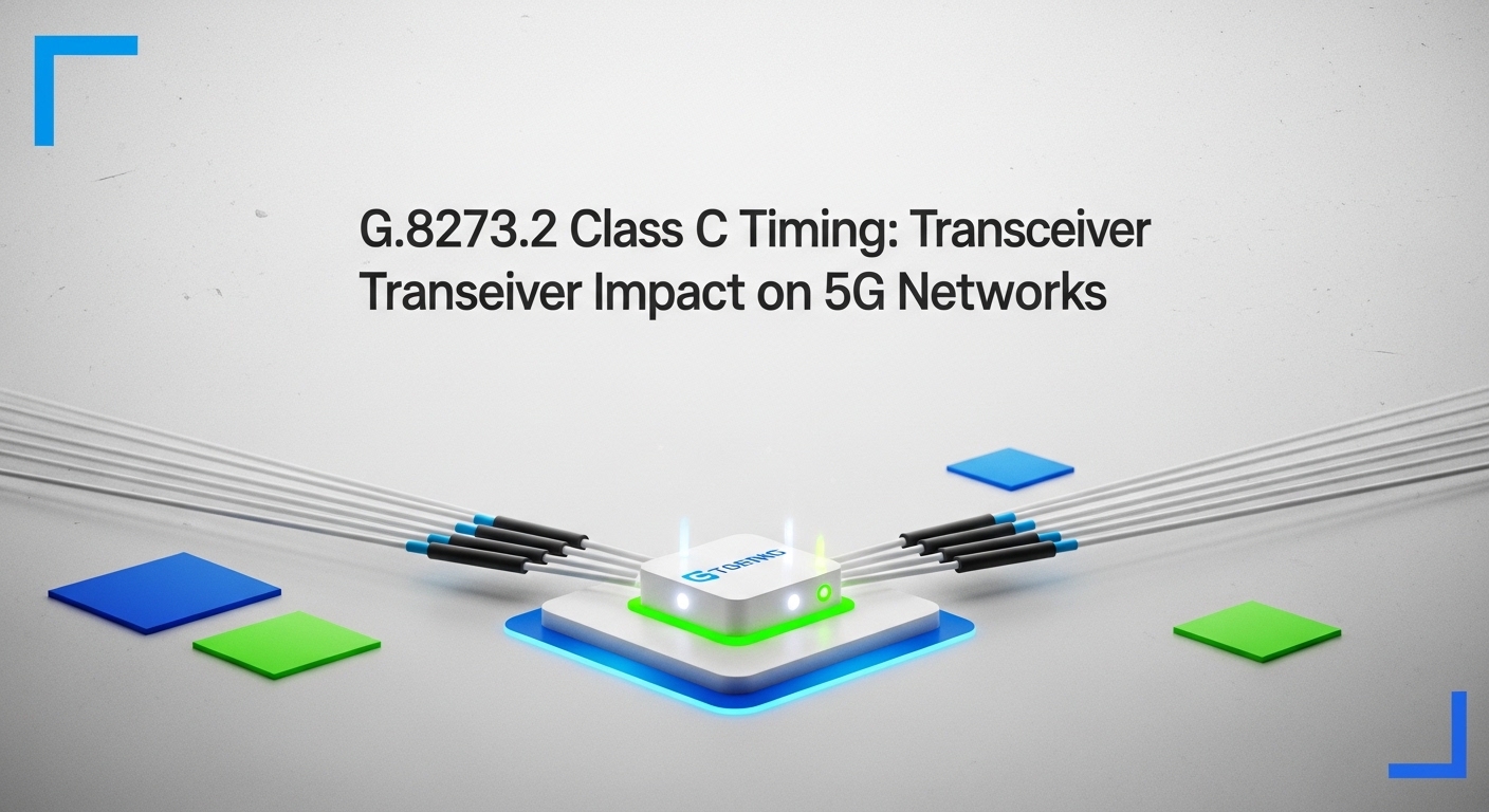 Minimalist design showcasing telecom timing optics, G.8273.2 Class C Timing: Transceiver Impact on 5G Networks, clean composi