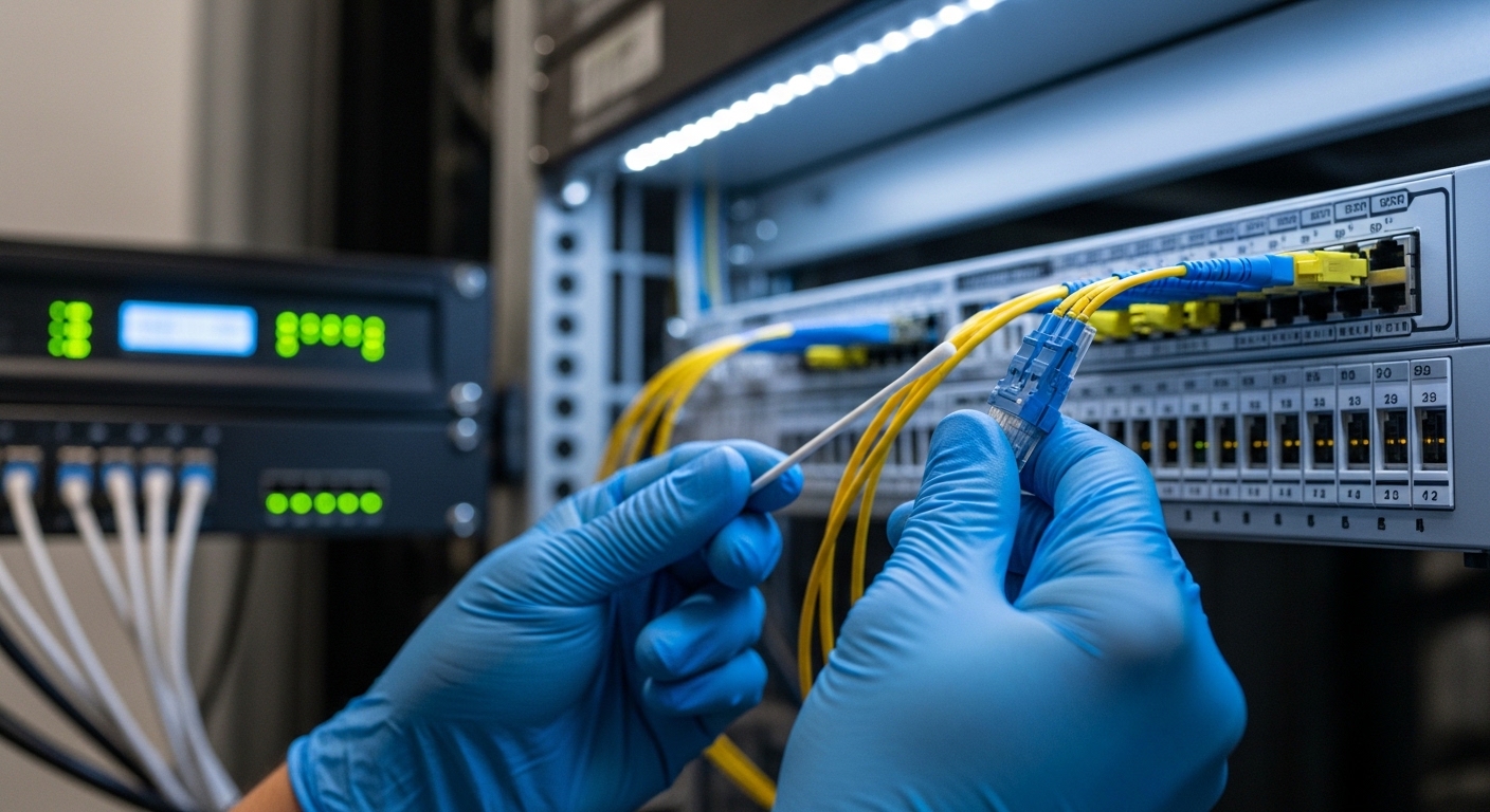 A high-resolution photography scene inside a data center row, showing a technician in ESD-safe gloves inspecting an MPO/MTP t