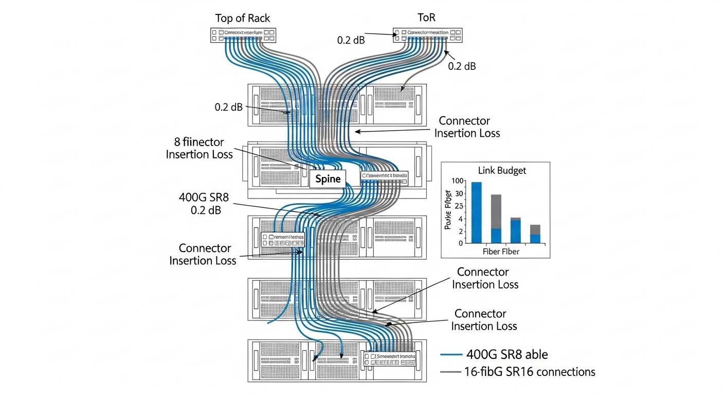 An engineering illustration diagram, clean vector style, showing a leaf-spine rack layout with color-coded fiber paths from T