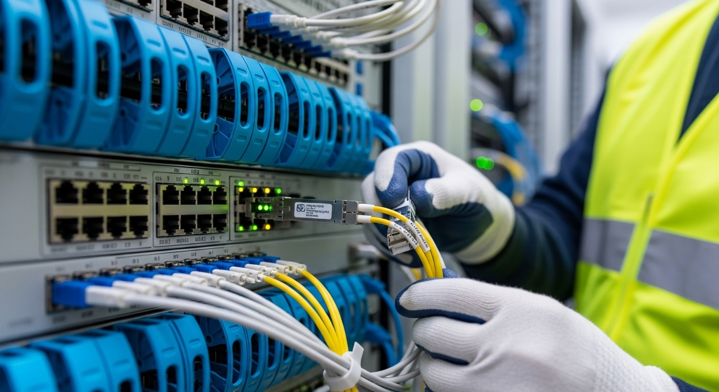 Photorealistic scene of a data center row with blue fiber patch panels, an engineer in high-visibility vest holding a 400G QS