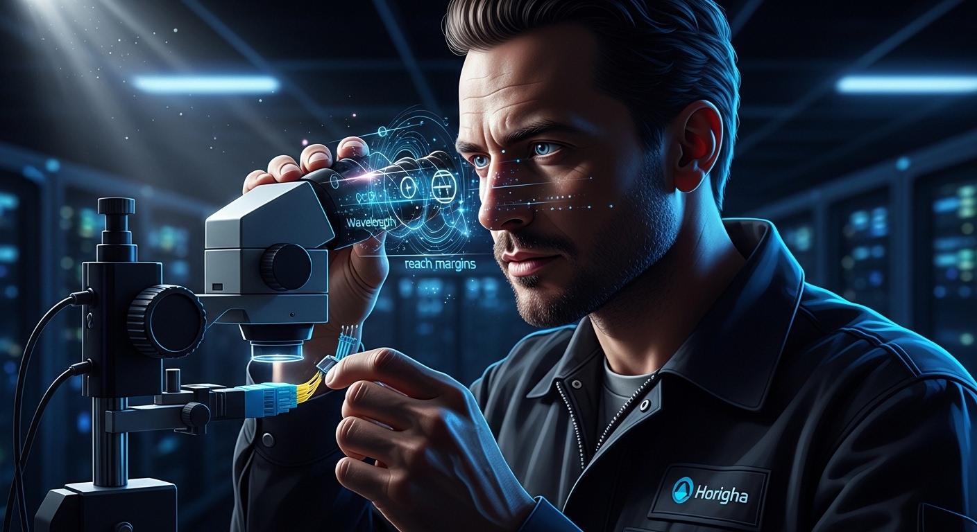 Concept art style scene of a data center engineer holding a fiber microscope and looking at an MPO connector under dramatic c
