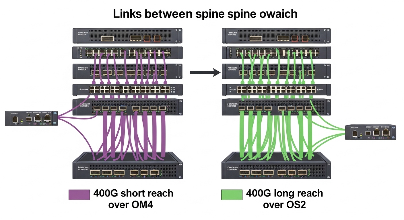 Clean vector illustration showing a leaf-spine topology, with color-coded links labeled 400G short reach over OM4 and 400G lo