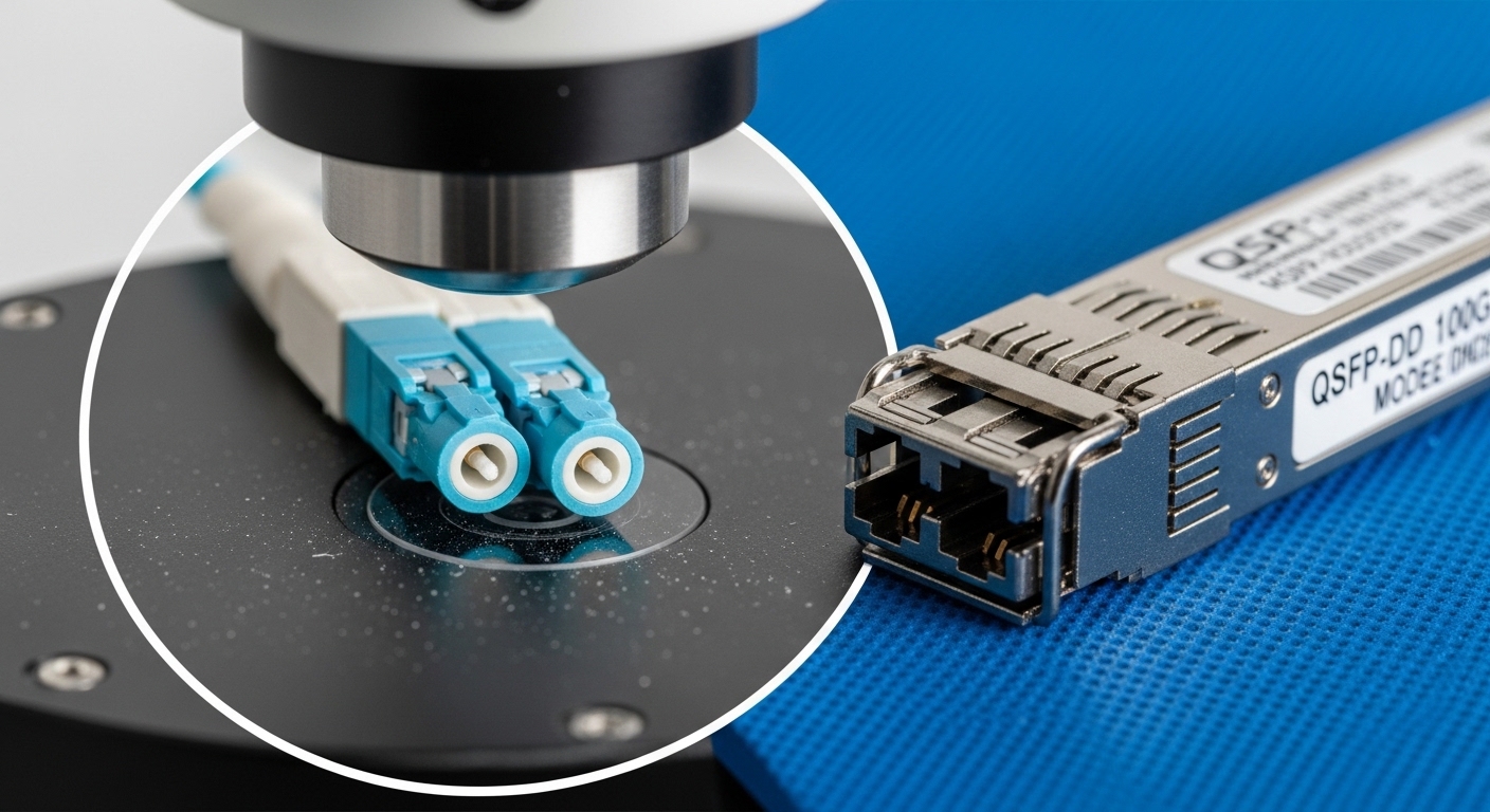 Macro photography of an LC duplex fiber connector endface being inspected under a fiber microscope beside a QSFP-DD transceiv
