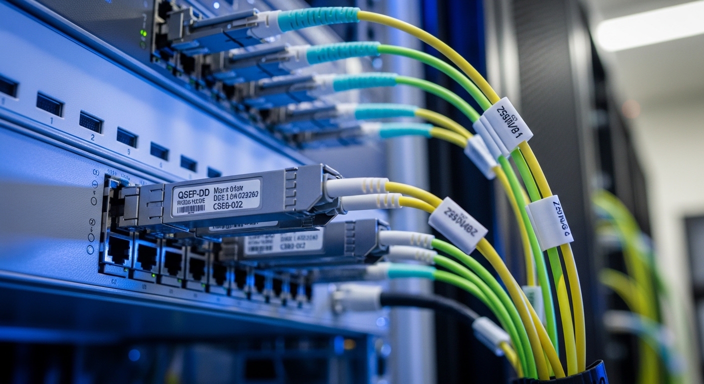 Close-up photography of a telecom rack with multiple QSFP-DD transceivers inserted into a high-density switch, fiber patch co
