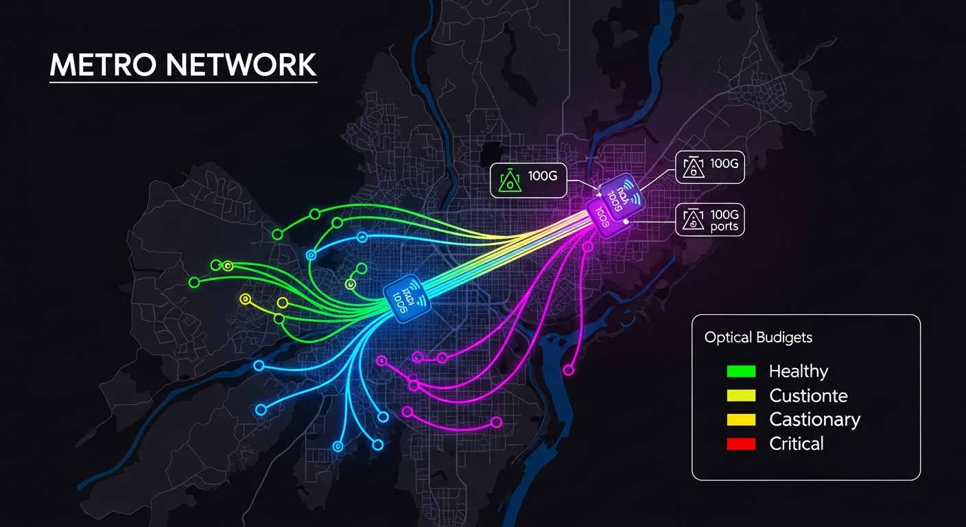 Illustration concept art showing a metro network diagram overlaying fiber links, with color-coded optical budgets (green/yell