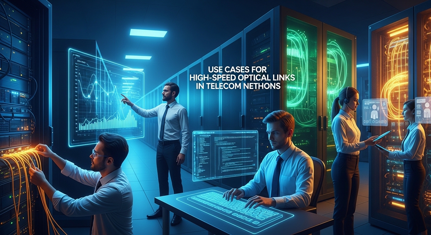 Cinematic editorial photograph of use case, Use Cases for High-Speed Optical Links in Telecom Networks, dramatic lighting, ph