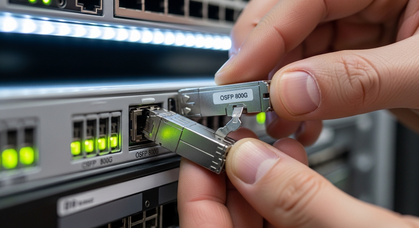 Photorealistic close-up of a technician’s hands inserting an OSFP 800G optical transceiver into a server switch front panel, 