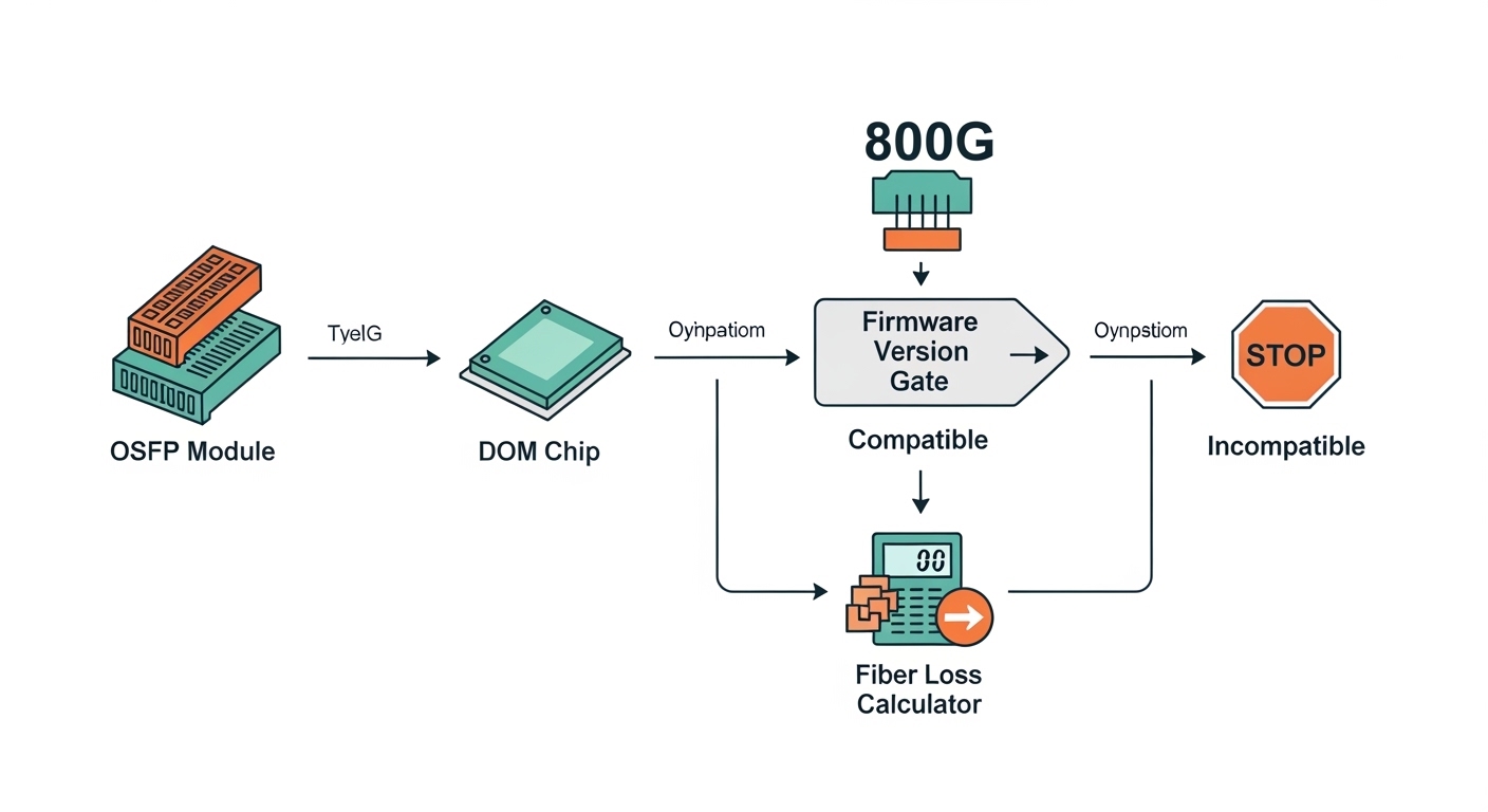Illustrated diagram of an 800G switch port compatibility workflow, showing icons for OSFP module, DOM chip, firmware version 