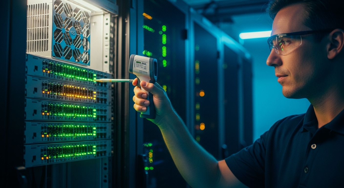 Lifestyle photo scene of a data center engineer holding a handheld infrared thermometer near an 800G switch module bay, with 