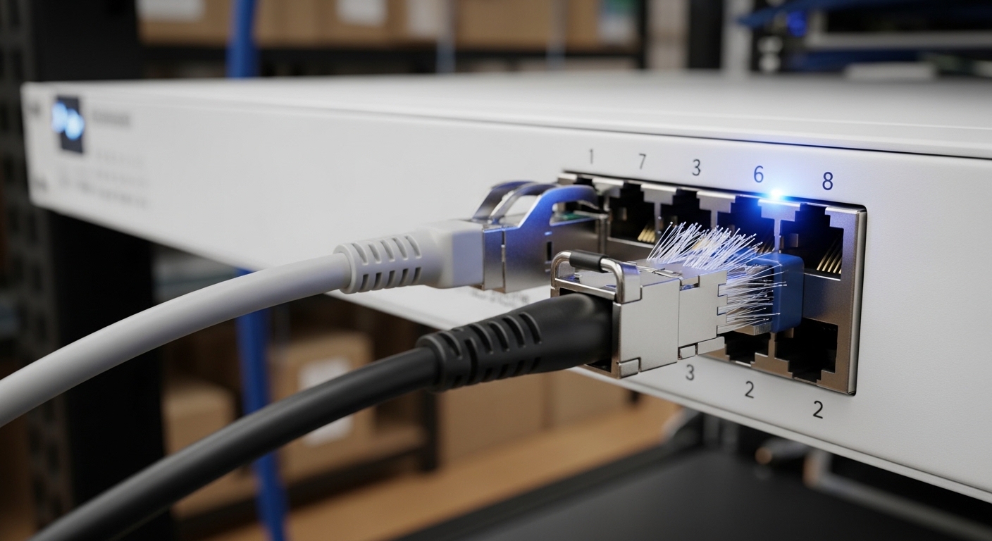 Photorealistic close-up of a 400G QSFP-DD transceiver cage on a white 48-port leaf switch, with a gray DAC cable plugged into