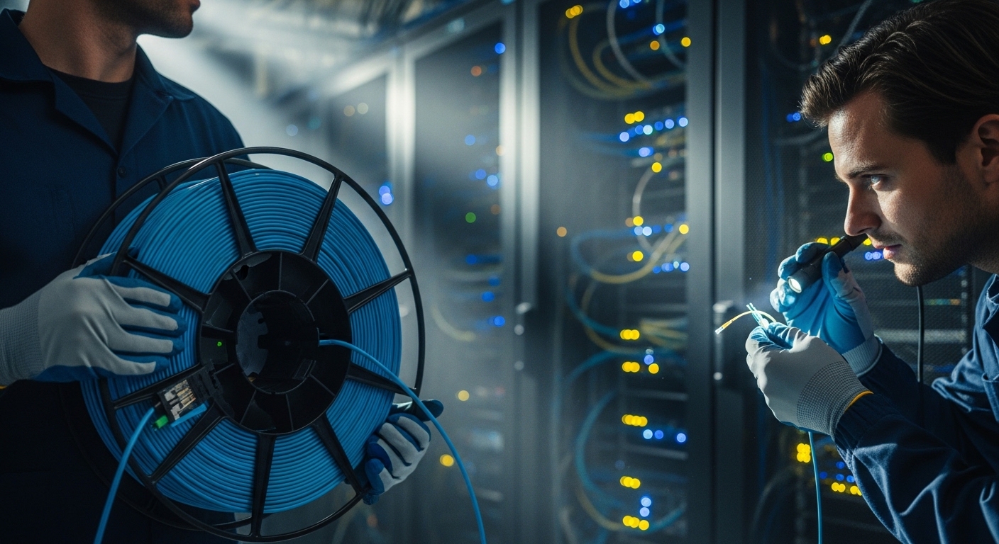 Atmospheric lifestyle scene inside a server room, with an engineer wearing ESD gloves holding a 400G AOC cable reel while ano