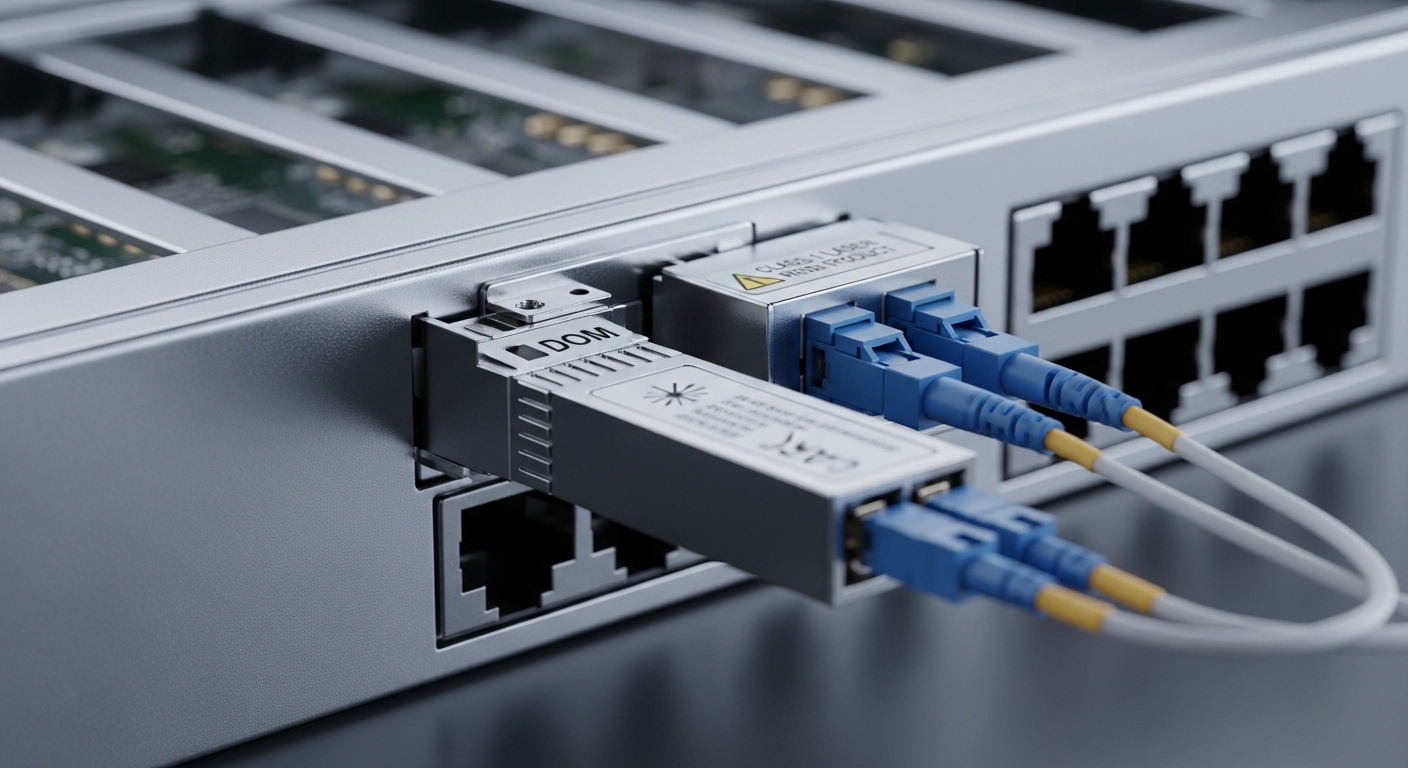 Macro photography of a single SFP optical transceiver seated in an open server switch bay, LC fiber connectors plugged in, vi