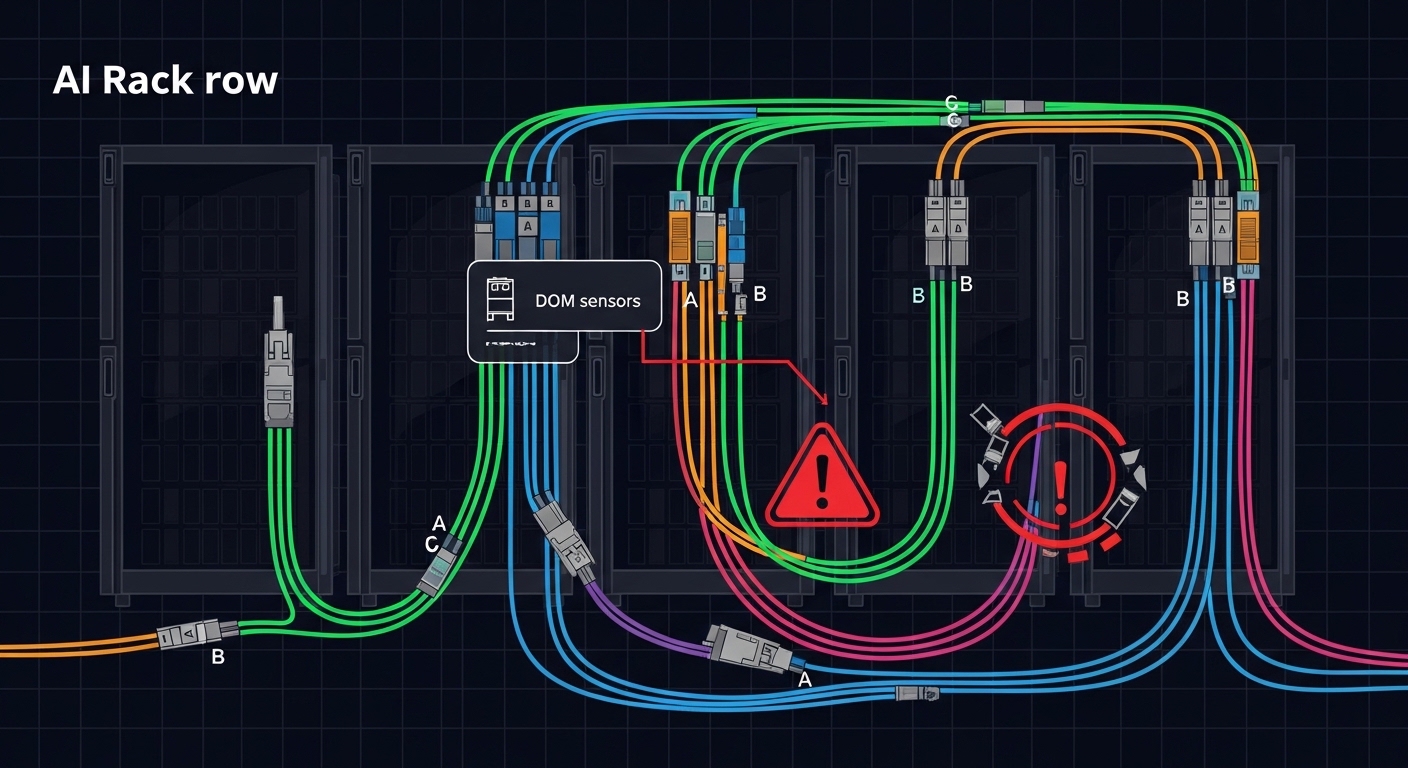 Illustrated troubleshooting diagram showing an AI rack row with colored fiber paths, LC connectors labeled A and B polarity, 