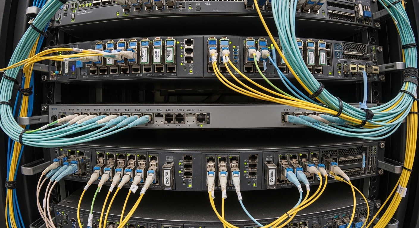 Documentary-style photo of AI clusters optics, Fiber Optic Modules in AI Clusters: A Comparative Analysis of SFP Types, natur