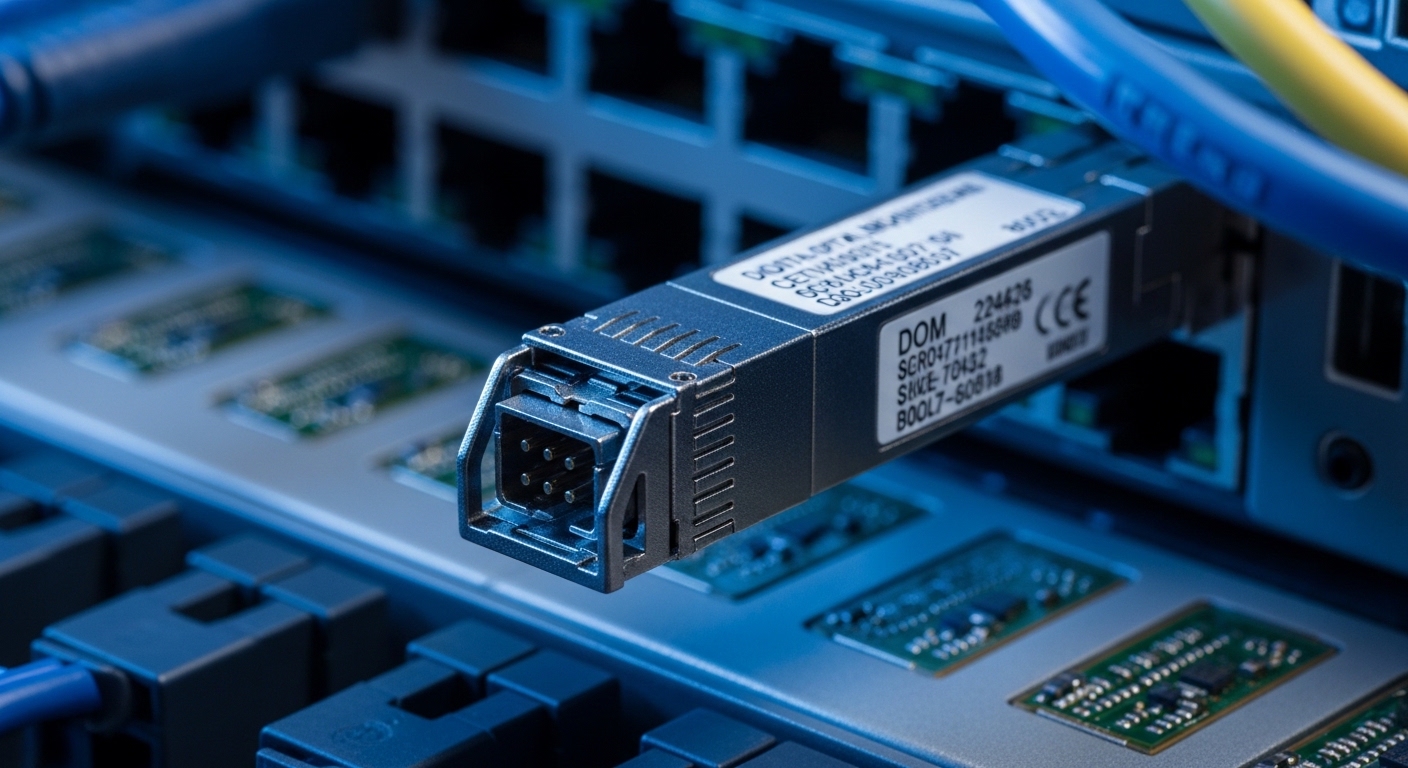 Macro photography of an 800G optical transceiver plugged into a high-density switch port, shallow depth of field, visible DOM