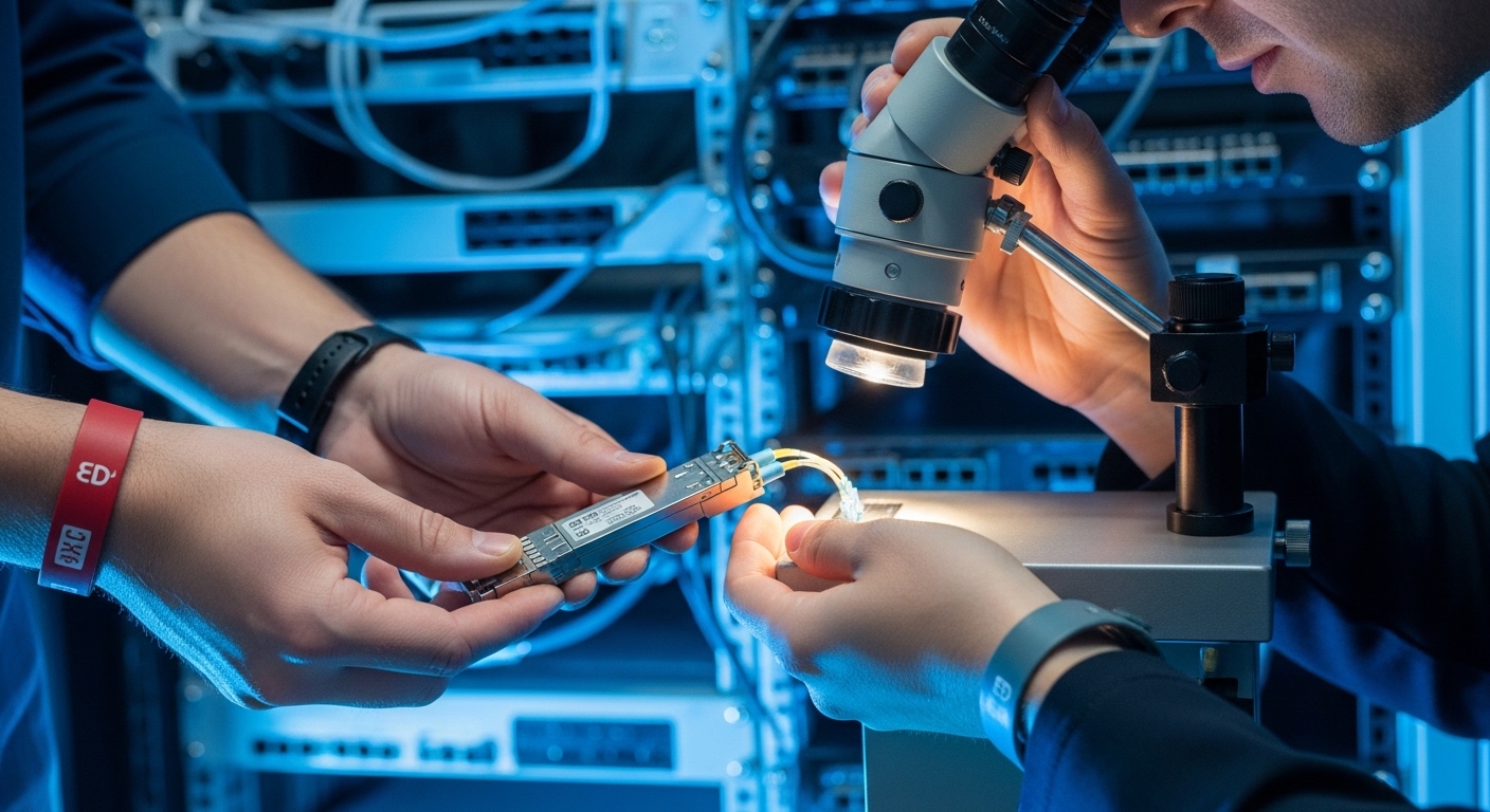 Photorealistic close-up of a telecom rack row with two technicians wearing ESD wrist straps, holding a QSFP-DD 400G optical t