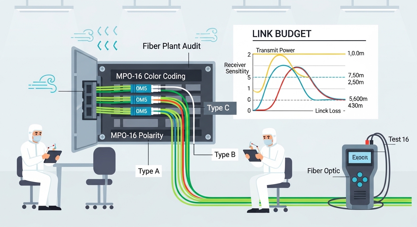 Clean-room style illustration of a fiber plant audit for 800G planning, showing MPO-16 polarity labels, OM5 fiber color codin