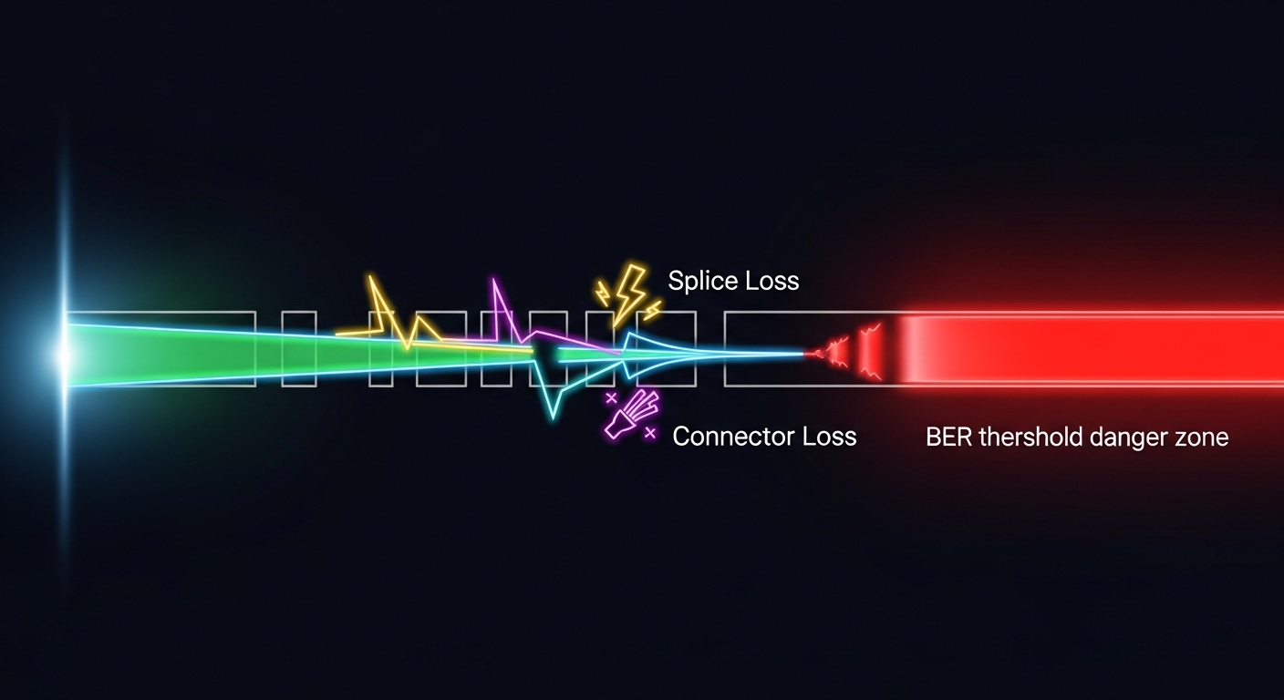 Illustration-style concept art of a fiber network “optical budget” diagram: colored power levels flowing through a link, show
