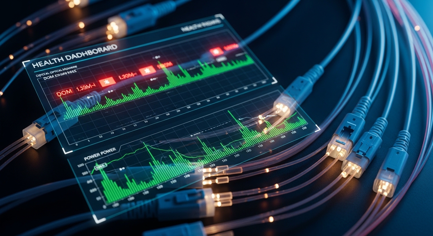 High-contrast concept art of a network “health dashboard” overlaying fiber connectors and optical power graphs, dramatic ligh