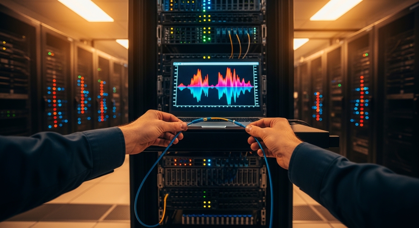 Lifestyle travel-blog style scene in a server room: warm overhead lights, visible cold aisle floor, a field engineer laptop o