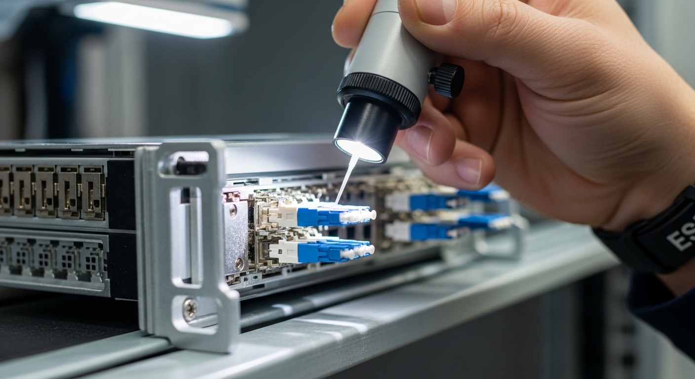 Close-up photography of an MPO/MTP fiber cassette on a rack shelf, technician wearing ESD wrist strap, using a handheld fiber