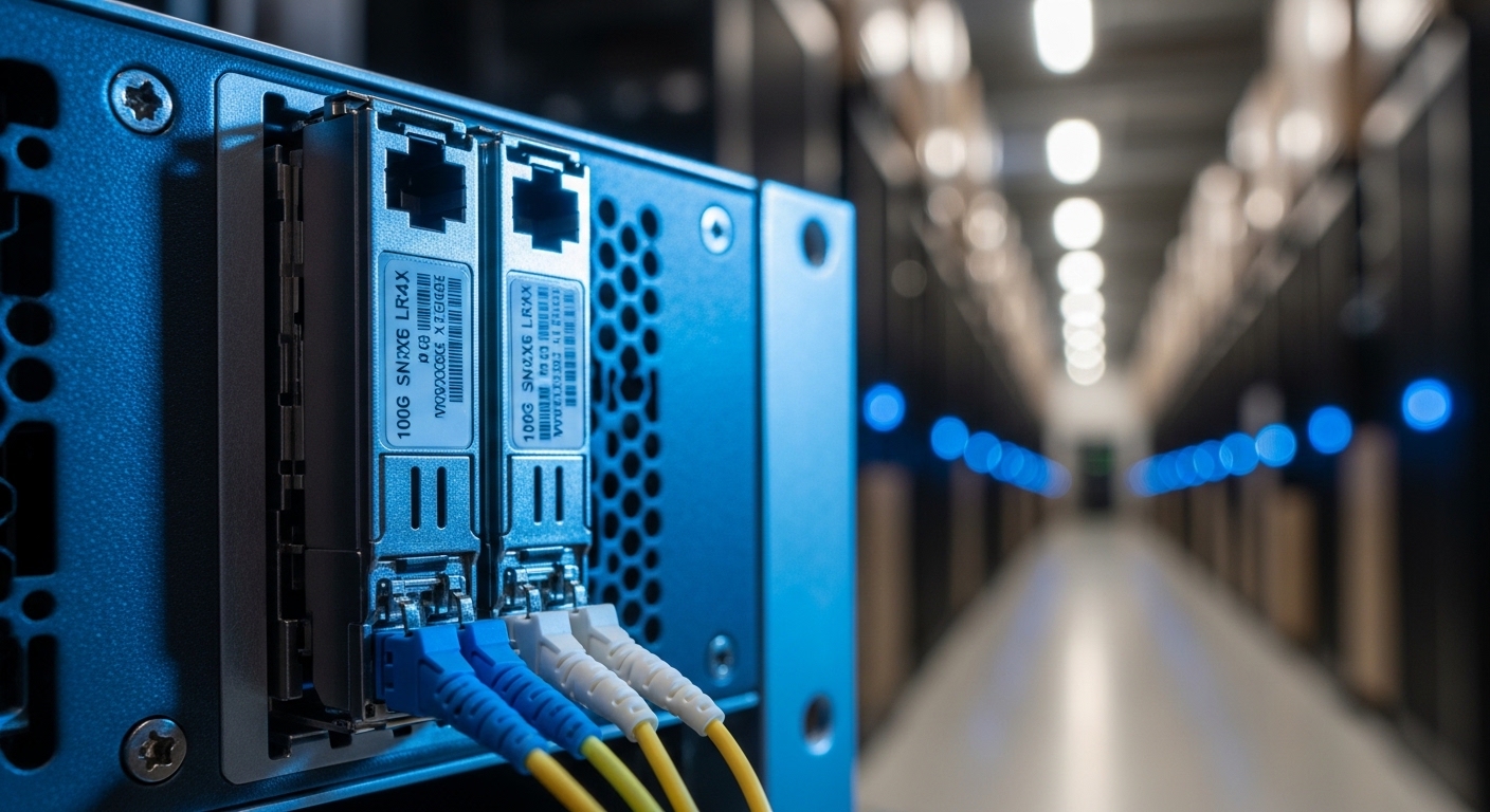 Photorealistic warehouse-style data center aisle at dusk; close-up of two installed pluggable optics modules in a switch tran