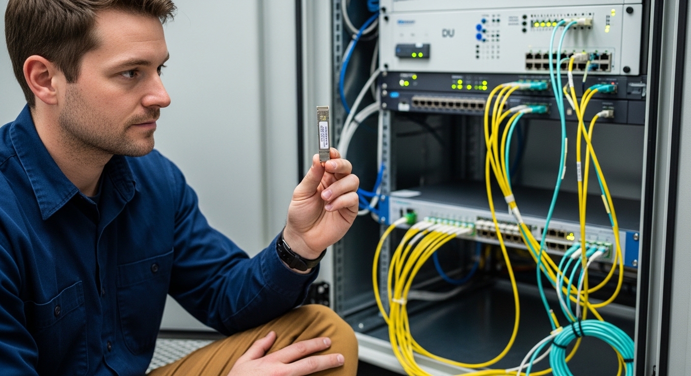 Photorealistic close-up of a telecom field engineer seated on a rack floor, holding an optical transceiver module labeled wit