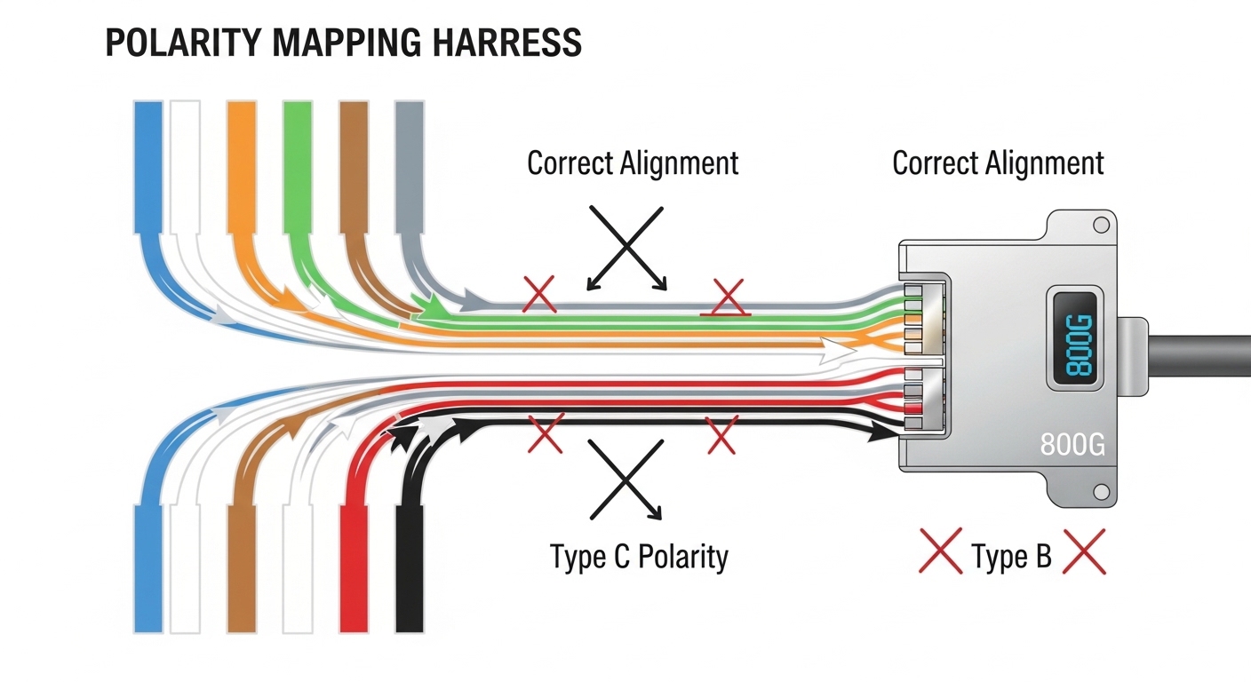 Illustration concept art showing a polarity mapping diagram for an MPO/MTP harness, with colored lanes (8 lanes) flowing into