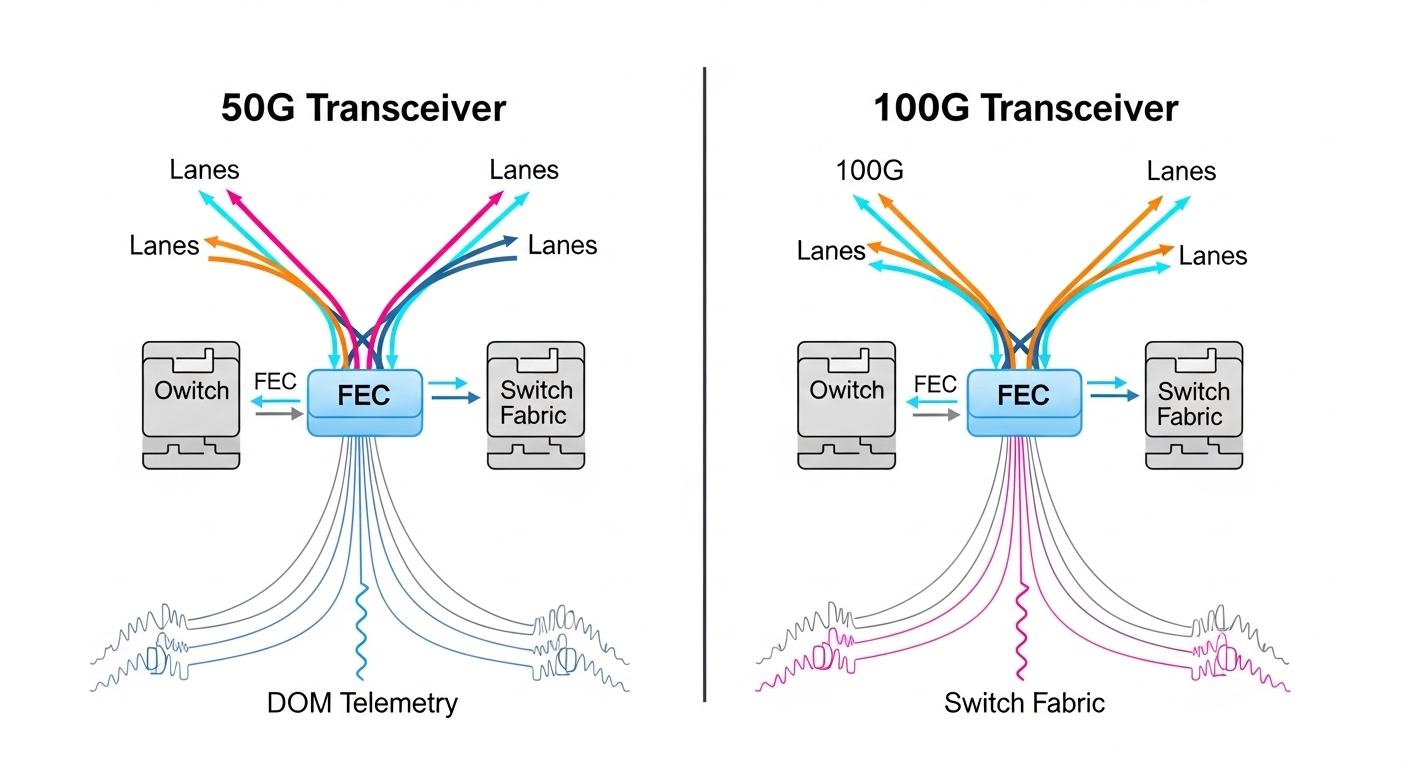 Clean vector illustration comparing 50G and 100G transceiver signal flow; split-screen diagram with labeled lanes, FEC blocks