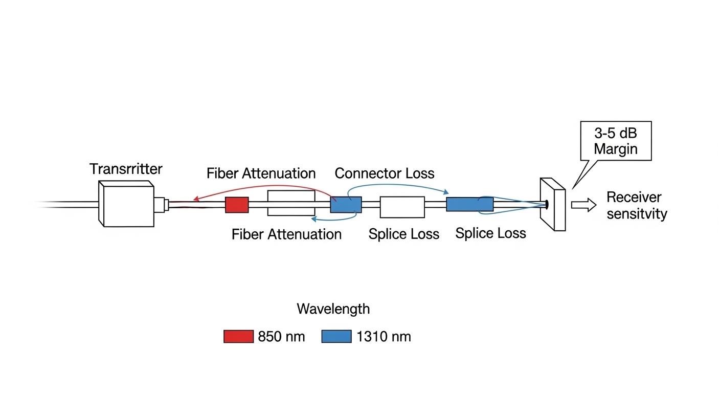 Clean vector illustration of an optical networking link budget diagram, showing transmitter, fiber attenuation blocks, connec