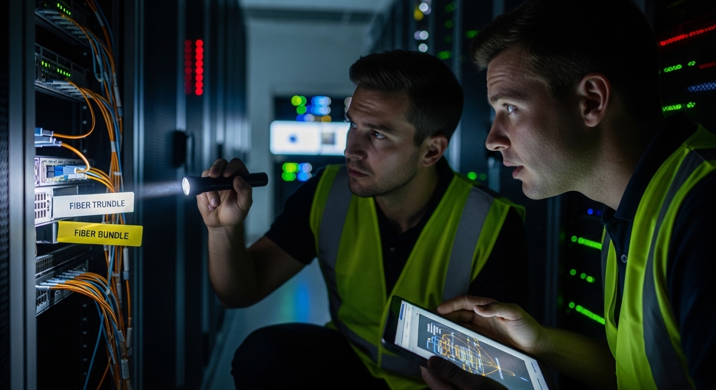 Video-style lifestyle scene of a data center maintenance team during a late-night outage, engineers in high-visibility vests 