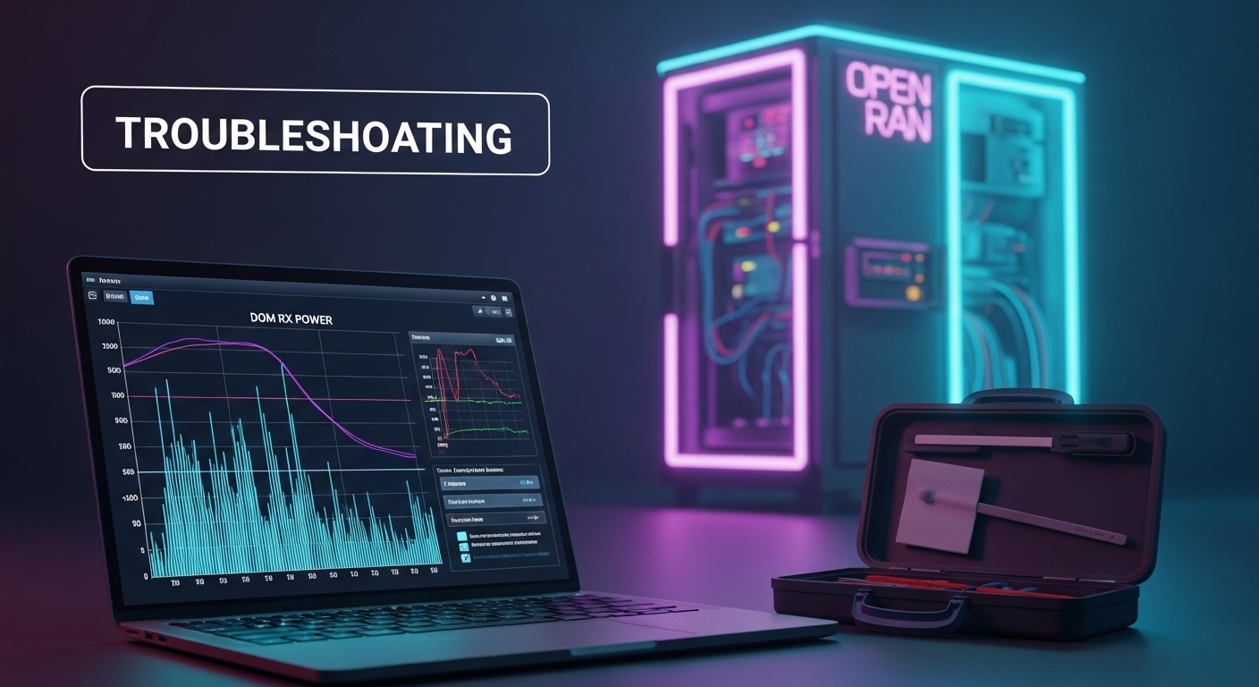 Concept art scene of a troubleshooting workflow, with a laptop displaying a graph of DOM RX power over time, a small toolkit 