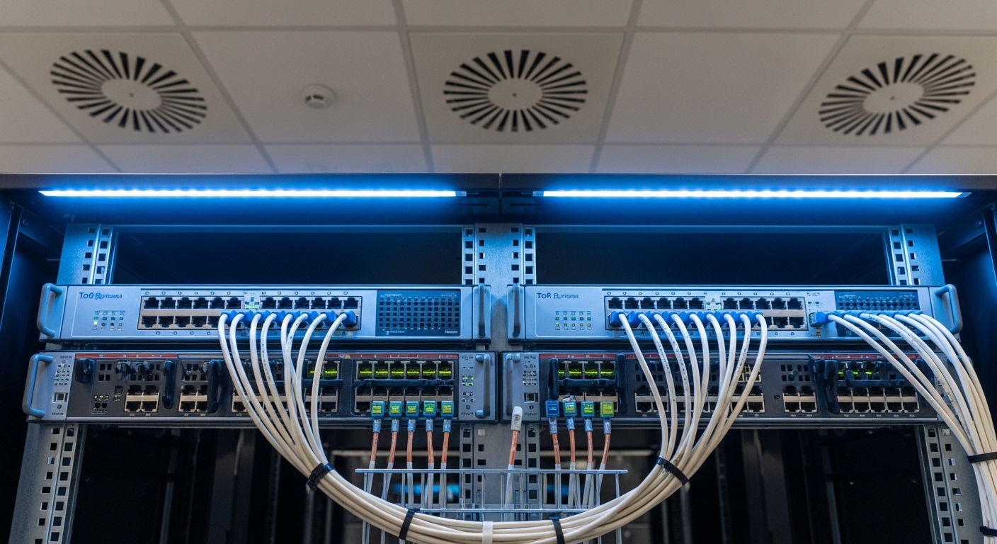 A photorealistic server room at an edge site, showing two 48-port ToR switches mounted side-by-side, short copper DAC cables 