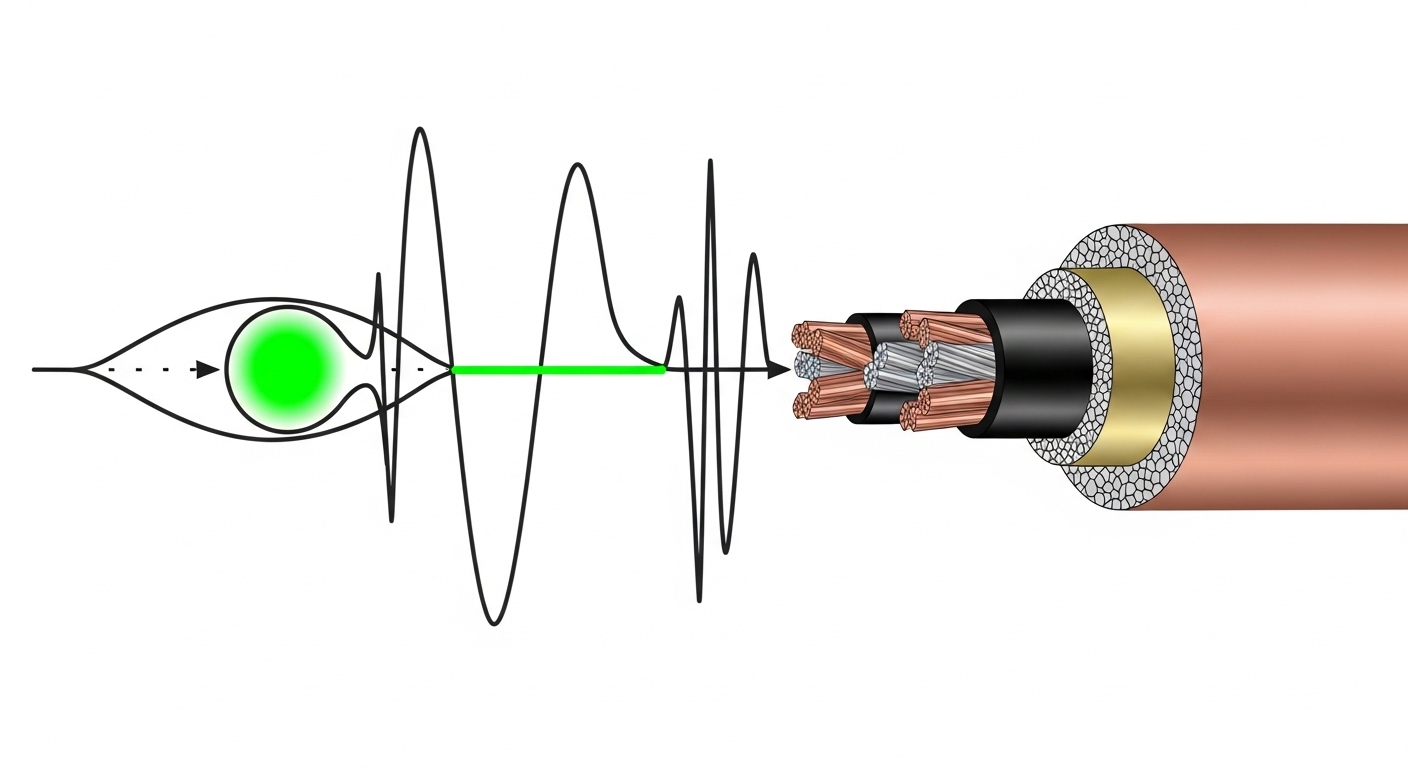Engineering illustration showing a signal eye diagram concept overlaid with a copper DAC cable cross-section, stylized wavefo