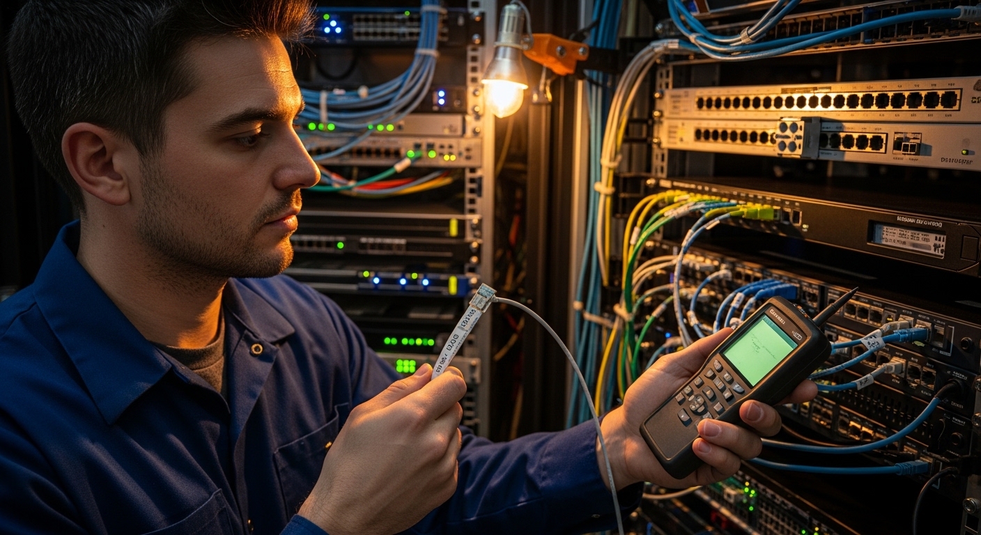 Lifestyle documentary style scene of a field technician in a high-density edge cabinet, holding a labeled DAC cable and using