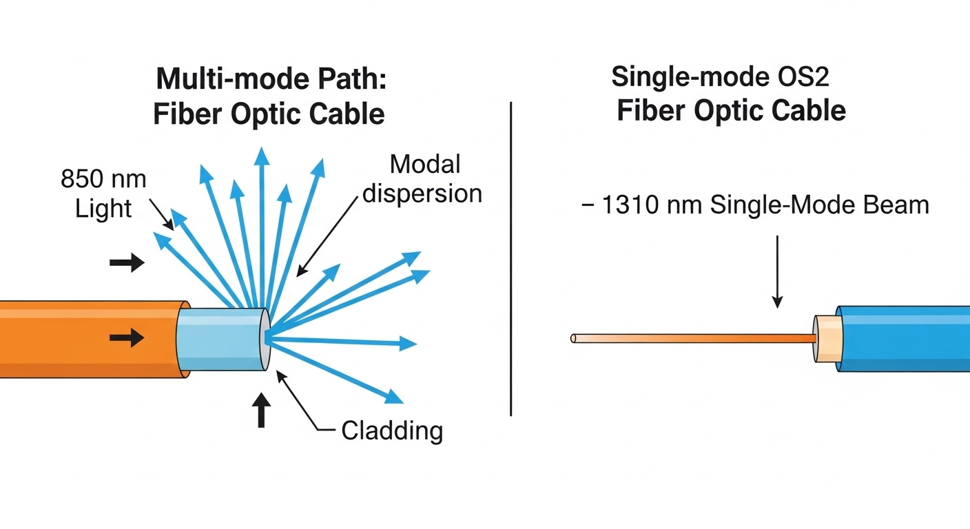 Clean vector illustration comparing optical paths: left side shows 850 nm light bouncing through multi-mode fibers with multi