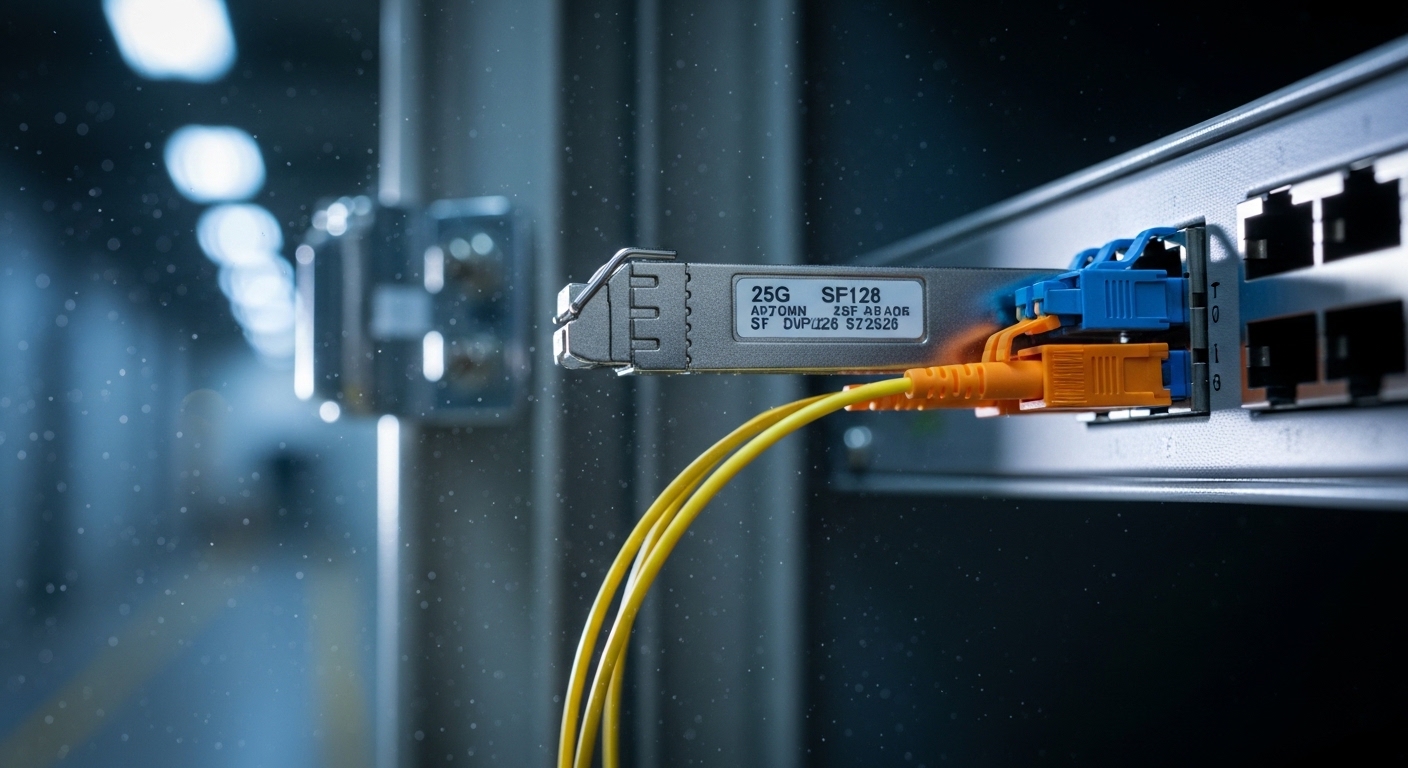 Photorealistic close-up of an edge networking cabinet in a factory hallway, showing a 25G SFP28 transceiver partially inserte