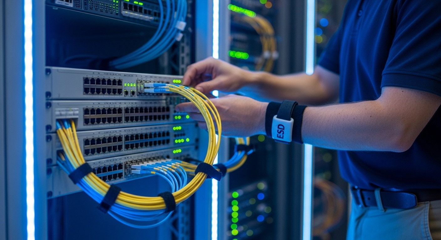 Photorealistic lifestyle scene in a server room: a field engineer wearing ESD wrist strap installing an SFP module into a hig