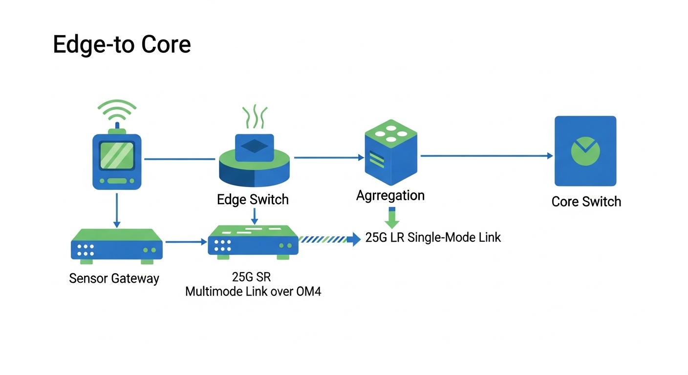 Vector illustration diagram of an edge-to-core network, showing a sensor gateway feeding an edge switch, then a 25G SR multim