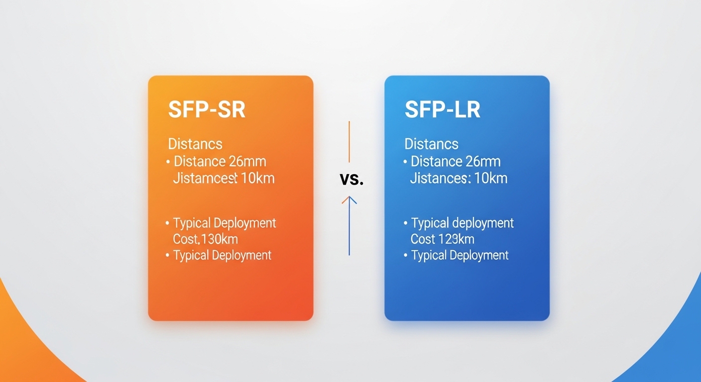 Minimalist design showcasing comparison, A Comparative Study of SFP-SR vs. SFP-LR for Enterprise Networks, clean composition,