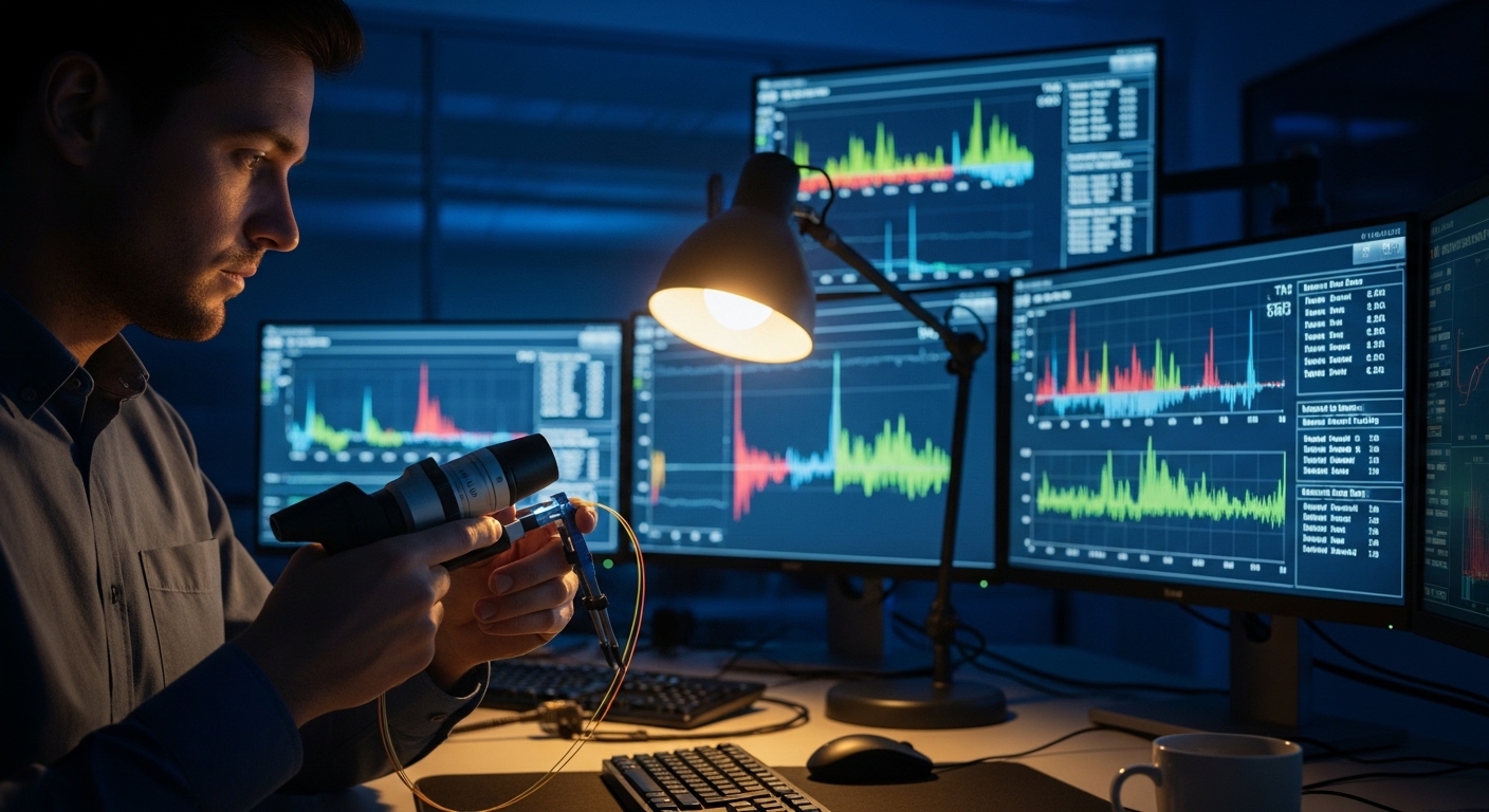Lifestyle scene in an operations control room at night, an engineer holding a fiber inspection scope over an LC connector whi
