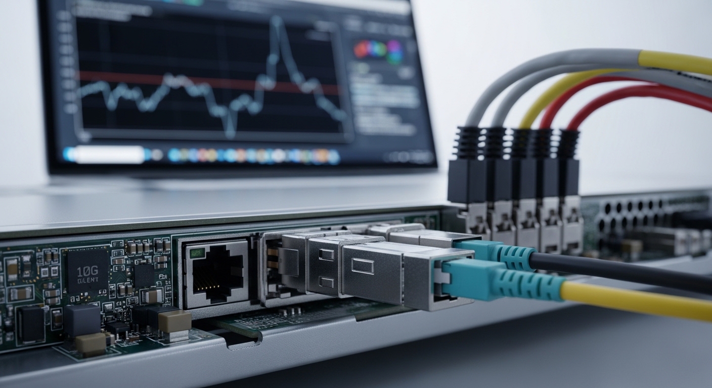 Close-up photography of an enterprise data center server NIC and an attached 10G SFP+ transceiver cage, with a laptop showing