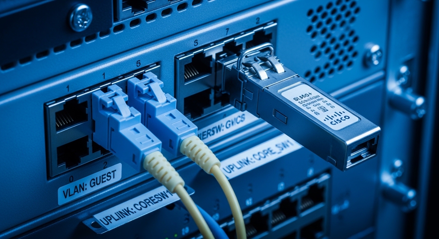 Close-up photography of an open industrial network cabinet, showing two LC duplex fiber connectors and a Cisco SFP+ transceiv
