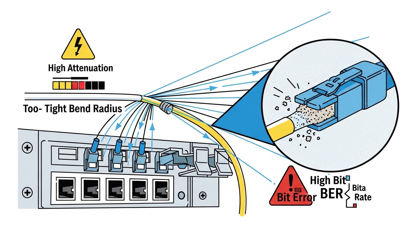 Illustration concept art showing a fiber optic patch panel with exaggerated light rays bending at a too-tight bend radius, a 