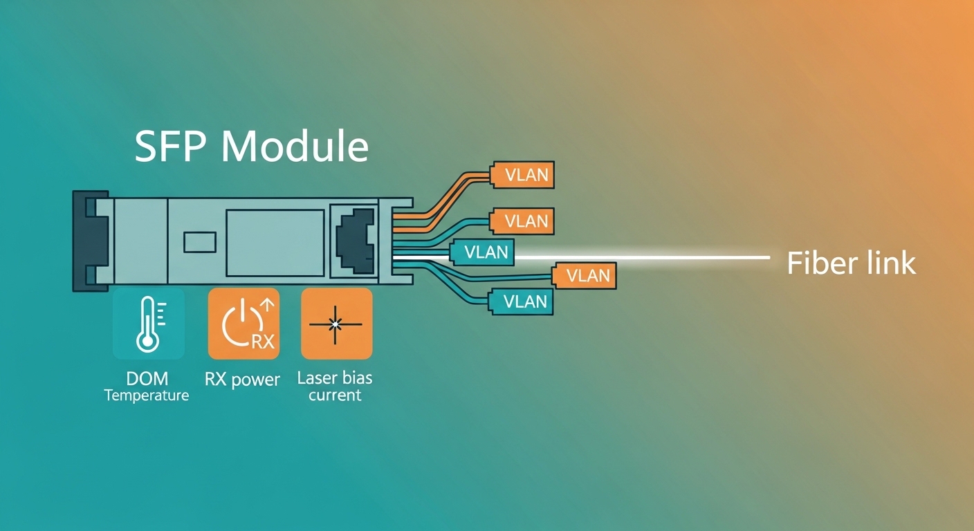 Illustration concept art showing a network switch port diagram with VLAN tags flowing through an SFP module into a fiber link